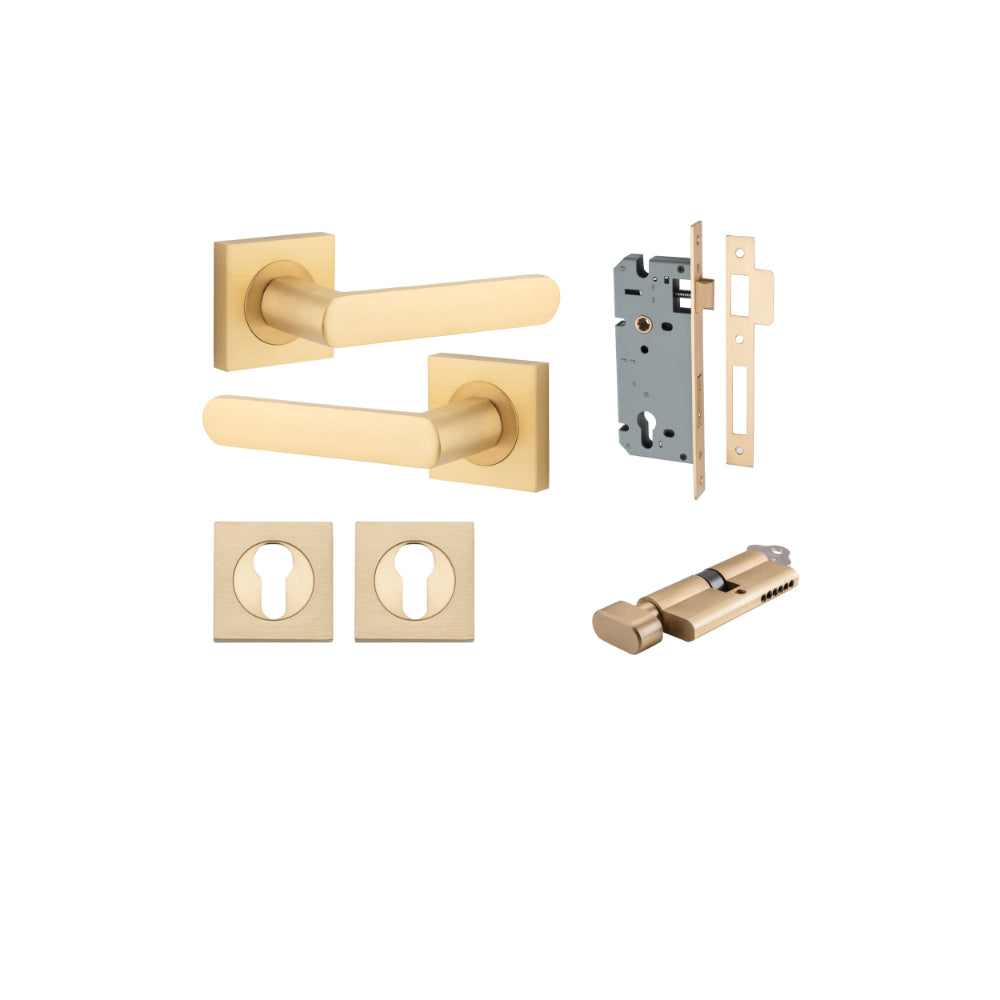 Door Lever Osaka Square Rose Brushed Brass H52xW52xP55mm Entrance Kit, Mortice Lock Euro Brushed Brass CTC85mm Backset 60mm, Euro Cylinder Key Thumb 6 Pin Brushed Brass L70mm  

 KA1, Escutcheon Euro Concealed Fix Square Pair Brushed Brass H52xW52x… in Br