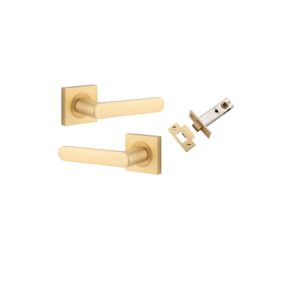 Door Lever Osaka Square Rose Brushed Brass H52xW52xP55mm Passage Kit, Tube Latch Split Cam 'T' Striker Brushed Brass Backset 60mm in Brushed Brass