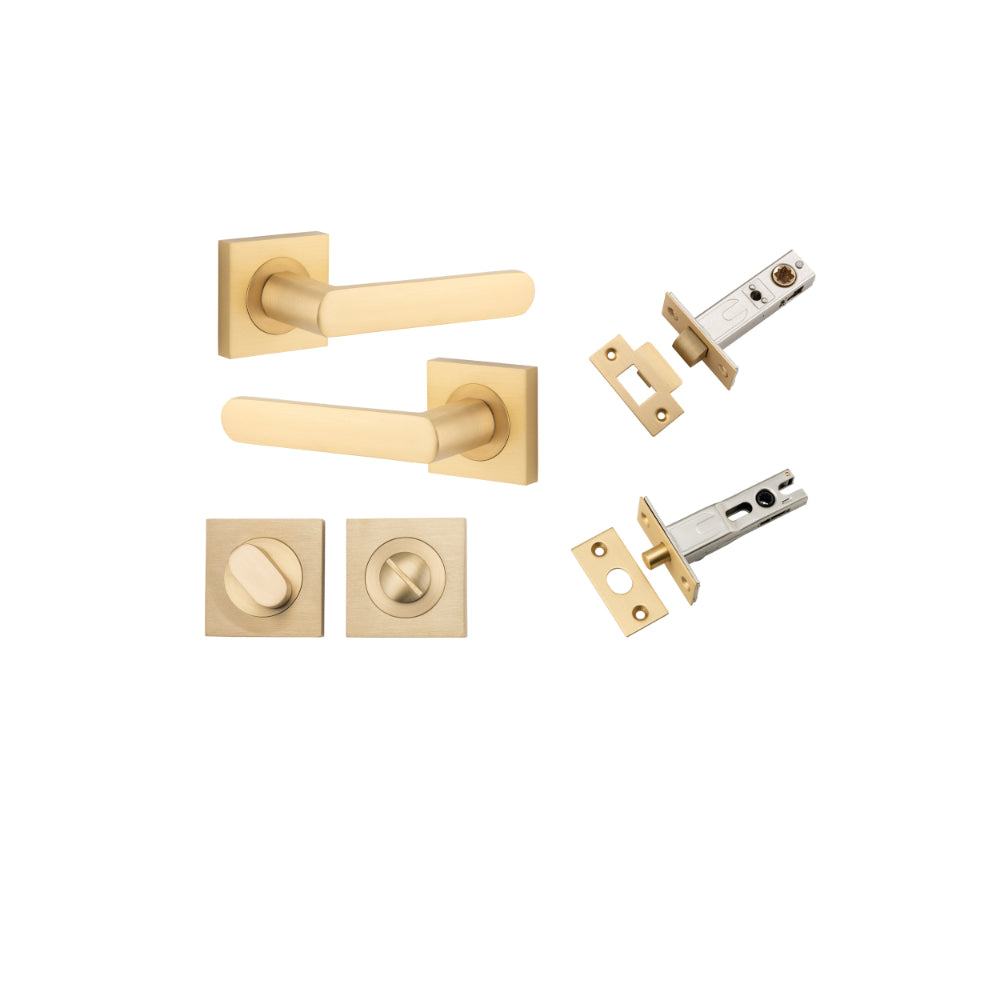 Door Lever Osaka Square Rose Brushed Brass H52xW52xP55mm Privacy Kit, Tube Latch Split Cam 'T' Striker Brushed Brass Backset 60mm, Privacy Bolt Round Bolt Brushed Brass Backset 60mm, Privacy Turn Oval Concealed Fix Square Brushed Brass H52xW52xP23mm in Br