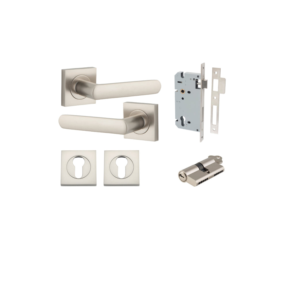 Door Lever Osaka Square Rose Satin Nickel H52xW52xP55mm Entrance Kit, Mortice Lock Euro Satin Nickel CTC85mm Backset 60mm, Euro Cylinder Dual Function 5 Pin Satin Nickel L65mm KA1, Escutcheon Euro Concealed Fix Square Pair Satin Nickel H52xW52xP10mm in Sa