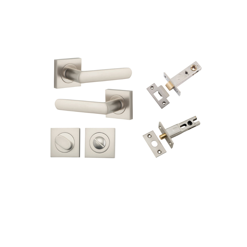 Door Lever Osaka Square Rose Satin Nickel H52xW52xP55mm Privacy Kit, Tube Latch Split Cam 'T' Striker Satin Nickel Backset 60mm, Privacy Bolt Round Bolt Satin Nickel Backset 60mm, Privacy Turn Oval Concealed Fix Square Satin Nickel H52xW52xP23mm in Satin