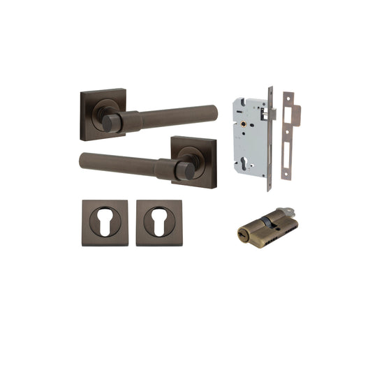 Door Lever Helsinki Square Rose Signature Brass H52xW52xP44mm Entrance Kit, Mortice Lock Euro Signature Brass CTC85mm Backset 60mm, Euro Cylinder Dual Function 5 Pin Signature Brass L65mm KA1, Escutcheon Euro Concealed Fix Square Pair Signature Bra… in Si