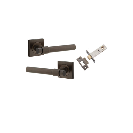 Door Lever Helsinki Square Rose Signature Brass H52xW52xP44mm Passage Kit, Tube Latch Split Cam 'T' Striker Signature Brass Backset 60mm in Signature Brass