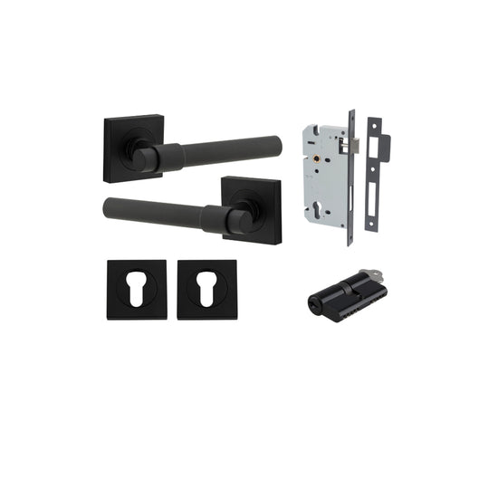 Door Lever Helsinki Square Rose Matt Black H52xW52xP44mm Entrance Kit, Mortice Lock Euro Matt Black CTC85mm Backset 60mm, Euro Cylinder Dual Function 5 Pin Matt Black L65mm KA1, Escutcheon Euro Concealed Fix Square Pair Matt Black H52xW52xP10mm in Matt Bl