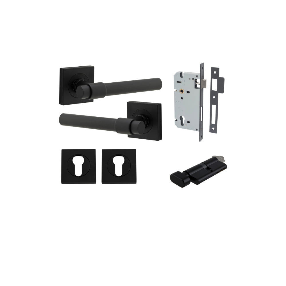 Door Lever Helsinki Square Rose Matt Black H52xW52xP44mm Entrance Kit, Mortice Lock Euro Matt Black CTC85mm Backset 60mm, Euro Cylinder Key Thumb 6 Pin Matt Black L70mm KA1, Escutcheon Euro Concealed Fix Square Pair Matt Black H52xW52xP10mm in Matt Black