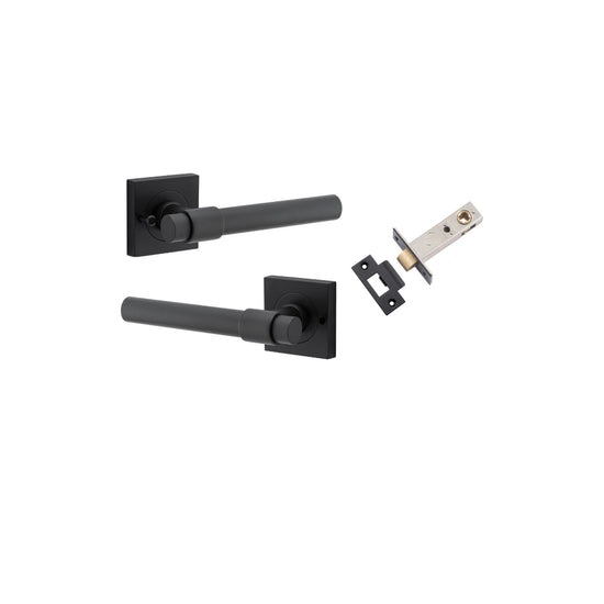 Door Lever Helsinki Square Rose Inbuilt Privacy Pair Matt Black H52xW52xP44mm with Tube Latch Privacy with Faceplate & T Striker Backset 60mm in Matt Black