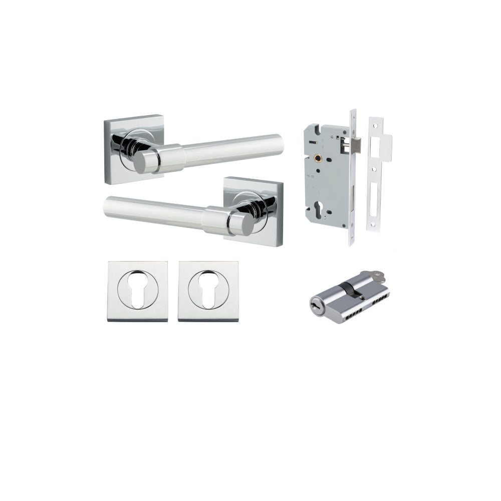 Door Lever Helsinki Square Rose Polished Chrome H52xW52xP44mm Entrance Kit, Mortice Lock Euro Polished Chrome CTC85mm Backset 60mm, Euro Cylinder Dual Function 5 Pin Polished Chrome L65mm KA1, Escutcheon Euro Concealed Fix Square Pair Polished Chr… in Pol