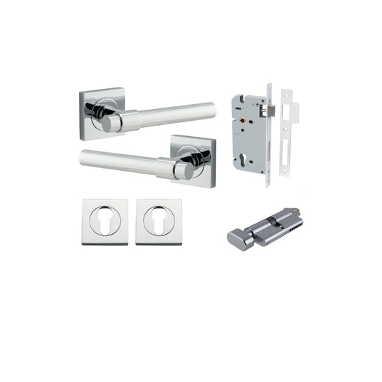 Door Lever Helsinki Square Rose Polished Chrome H52xW52xP44mm Entrance Kit, Mortice Lock Euro Polished Chrome CTC85mm Backset 60mm, Euro Cylinder Key Thumb 6 Pin Polished Chrome L70mm KA1, Escutcheon Euro Concealed Fix Square Pair Polished Chrome … in Pol