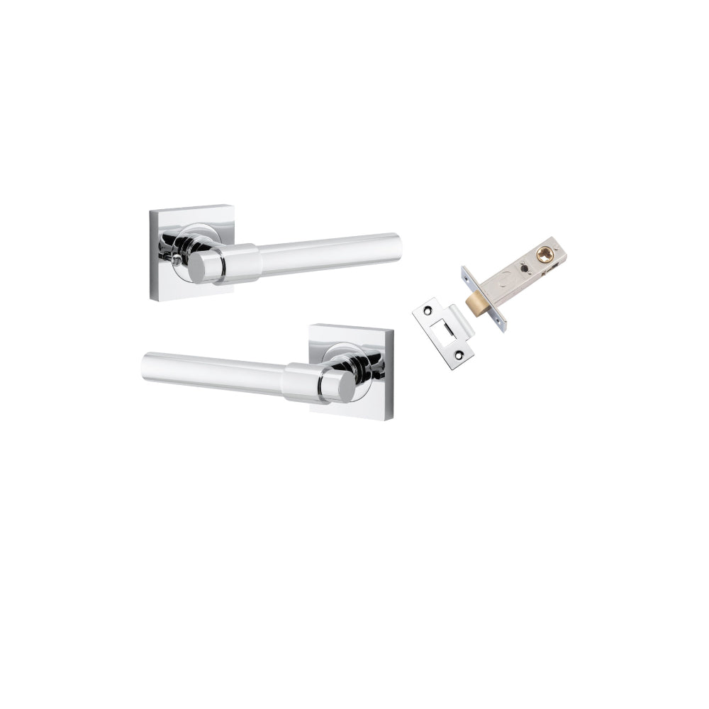 Door Lever Helsinki Square Rose Inbuilt Privacy Pair Polished Chrome H52xW52xP44mm with Tube Latch Privacy with Faceplate & T Striker Backset 60mm in Polished Chrome