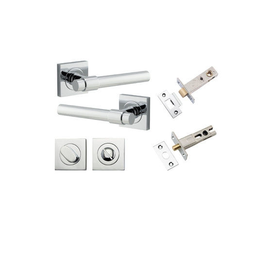 Door Lever Helsinki Square Rose Polished Chrome H52xW52xP44mm Privacy Kit, Tube Latch Split Cam 'T' Striker Polished Chrome Backset 60mm, Privacy Bolt Round Bolt Polished Chrome Backset 60mm, Privacy Turn Oval Concealed Fix Square Polished Chrome … in Pol