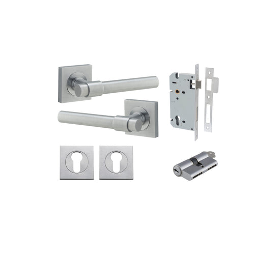 Door Lever Helsinki Square Rose Brushed Chrome H52xW52xP44mm Entrance Kit, Mortice Lock Euro Brushed Chrome CTC85mm Backset 60mm, Euro Cylinder Dual Function 5 Pin Brushed Chrome L65mm KA1, Escutcheon Euro Concealed Fix Square Pair Brushed Chrome … in Bru