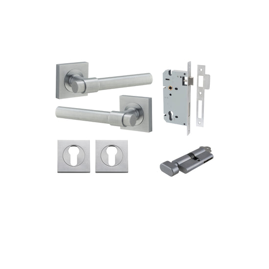 Door Lever Helsinki Square Rose Brushed Chrome H52xW52xP44mm Entrance Kit, Mortice Lock Euro Brushed Chrome CTC85mm Backset 60mm, Euro Cylinder Key Thumb 6 Pin Brushed Chrome L70mm KA1, Escutcheon Euro Concealed Fix Square Pair Brushed Chrome H52x… in Bru