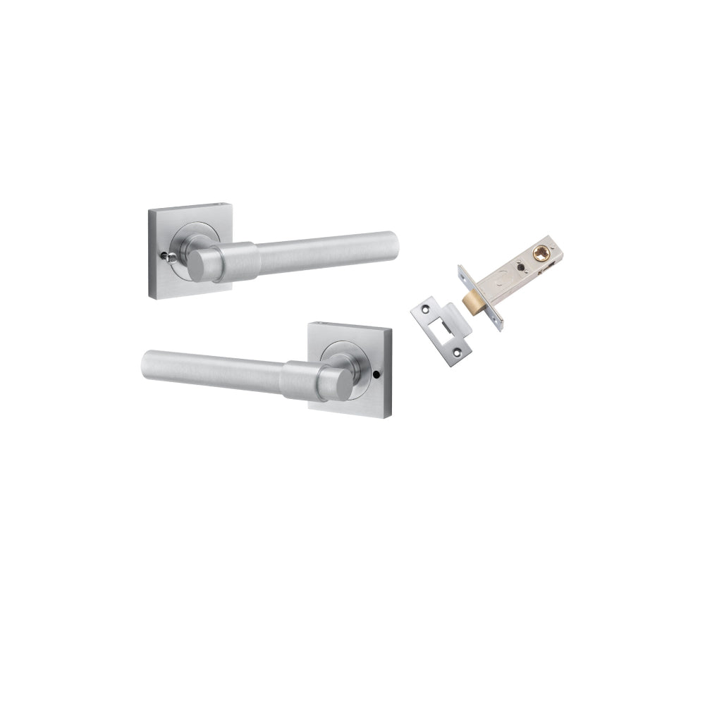 Door Lever Helsinki Square Rose Inbuilt Privacy Pair Brushed Chrome H52xW52xP44mm with Tube Latch Privacy with Faceplate & T Striker Backset 60mm in Brushed Chrome