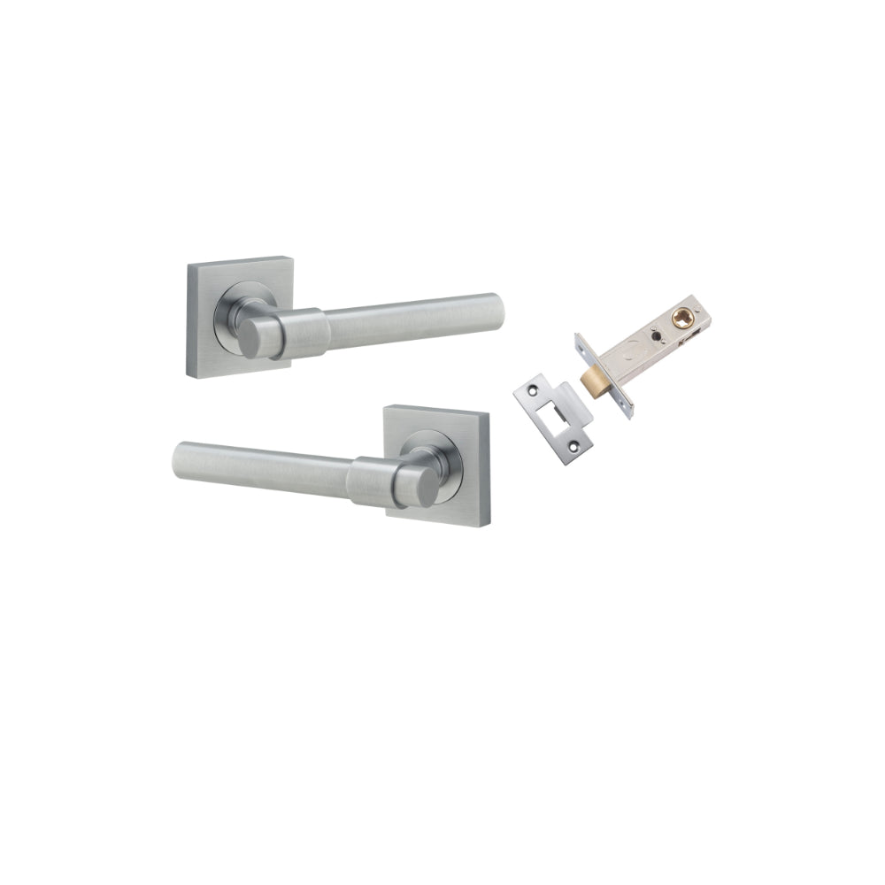 Door Lever Helsinki Square Rose Brushed Chrome H52xW52xP44mm Passage Kit, Tube Latch Split Cam 'T' Striker Brushed Chrome Backset 60mm in Brushed Chrome