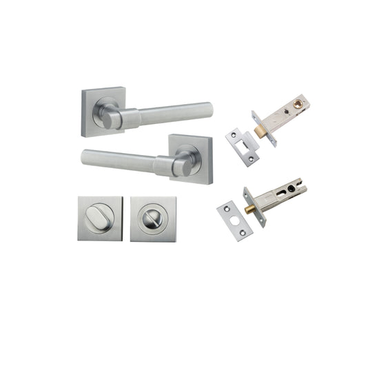 Door Lever Helsinki Square Rose Brushed Chrome H52xW52xP44mm Privacy Kit, Tube Latch Split Cam 'T' Striker Brushed Chrome Backset 60mm, Privacy Bolt Round Bolt Brushed Chrome Backset 60mm, Privacy Turn Oval Concealed Fix Square Brushed Chrome H52x… in Bru