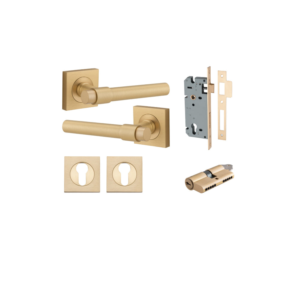 Door Lever Helsinki Square Rose Brushed Brass H52xW52xP44mm Entrance Kit, Mortice Lock Euro Brushed Brass CTC85mm Backset 60mm, Euro Cylinder Dual Function 5 Pin Brushed Brass L65mm KA1, Escutcheon Euro Concealed Fix Square Pair Brushed Brass H52x… in Bru