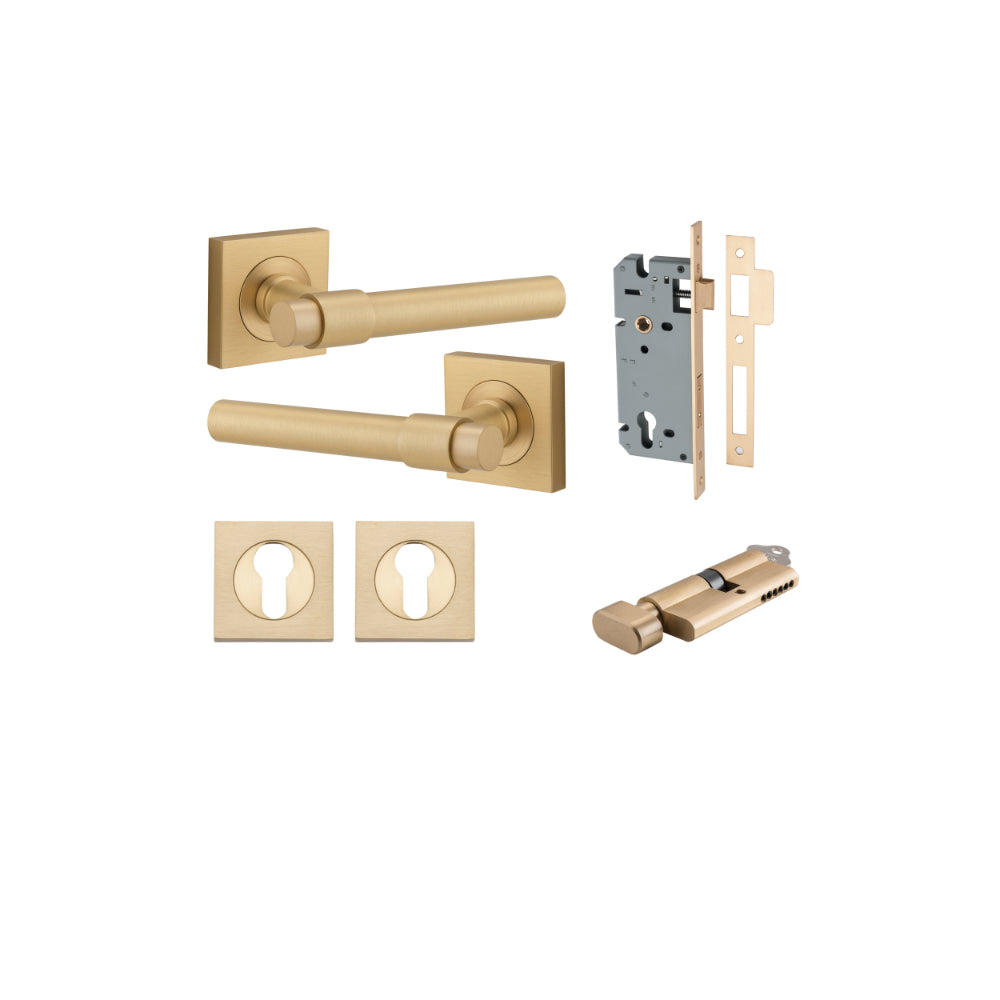 Door Lever Helsinki Square Rose Brushed Brass H52xW52xP44mm Entrance Kit, Mortice Lock Euro Brushed Brass CTC85mm Backset 60mm, Euro Cylinder Key Thumb 6 Pin Brushed Brass L70mm  

 KA1, Escutcheon Euro Concealed Fix Square Pair Brushed Brass H52xW… in Br