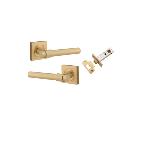 Door Lever Helsinki Square Rose Brushed Brass H52xW52xP44mm Passage Kit, Tube Latch Split Cam 'T' Striker Brushed Brass Backset 60mm in Brushed Brass