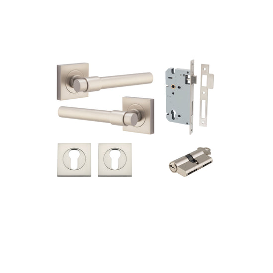 Door Lever Helsinki Square Rose Satin Nickel H52xW52xP44mm Entrance Kit, Mortice Lock Euro Satin Nickel CTC85mm Backset 60mm, Euro Cylinder Dual Function 5 Pin Satin Nickel L65mm KA1, Escutcheon Euro Concealed Fix Square Pair Satin Nickel H52xW52x… in Sat