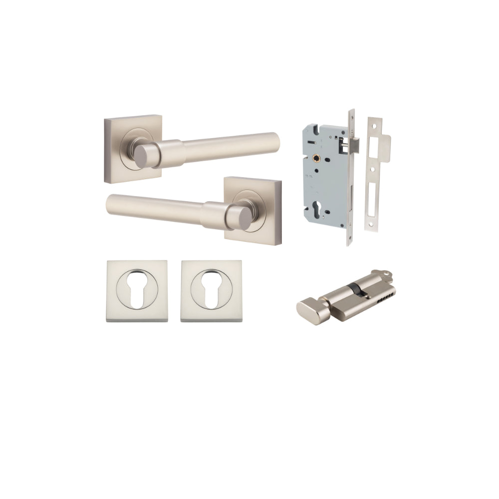 Door Lever Helsinki Square Rose Satin Nickel H52xW52xP44mm Entrance Kit, Mortice Lock Euro Satin Nickel CTC85mm Backset 60mm, Euro Cylinder Key Thumb 6 Pin Satin Nickel L70mm KA1, Escutcheon Euro Concealed Fix Square Pair Satin Nickel H52xW52xP10mm in Sat