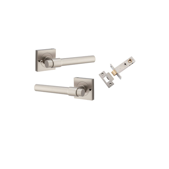 Door Lever Helsinki Square Rose Inbuilt Privacy Pair Satin Nickel H52xW52xP44mm with Tube Latch Privacy with Faceplate & T Striker Backset 60mm in Satin Nickel