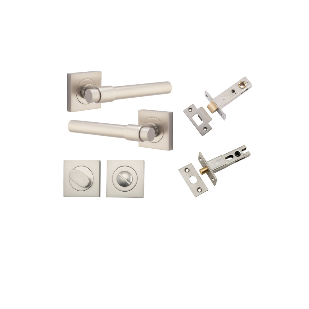 Door Lever Helsinki Square Rose Satin Nickel H52xW52xP44mm Privacy Kit, Tube Latch Split Cam 'T' Striker Satin Nickel Backset 60mm, Privacy Bolt Round Bolt Satin Nickel Backset 60mm, Privacy Turn Oval Concealed Fix Square Satin Nickel H52xW52xP23mm in Sat