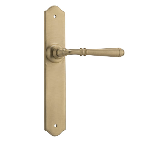 Door Lever Reims Latch Pair Unlacquered Satin Brass H240xW40xP70mm in Unlacquered Satin Brass