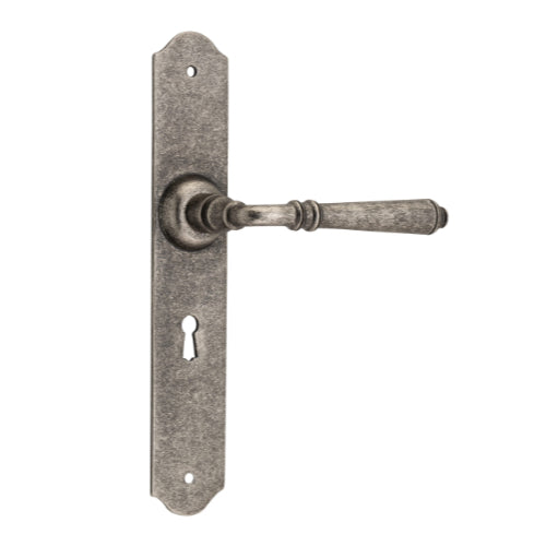 Door Lever Reims Lock Pair Rumbled Nickel H240xW40xP70mm in Rumbled Nickel