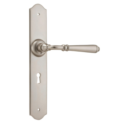 Door Lever Reims Lock Pair Satin Nickel H240xW40xP70mm in Satin Nickel