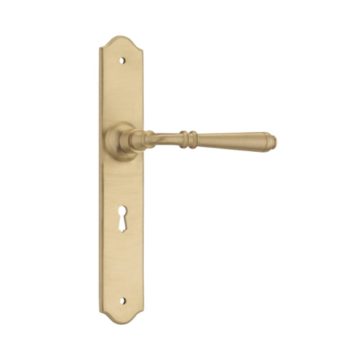 Door Lever Reims Lock Pair Satin Brass H240xW40xP70mm in Satin Brass