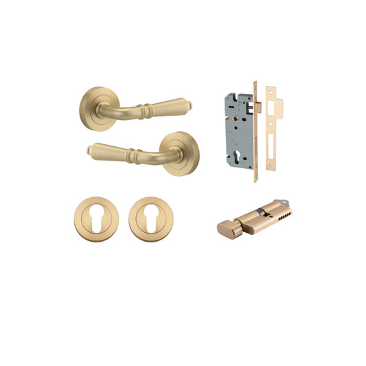 Door Lever Sarlat Round Rose Pair Brushed Brass D52xP58mm Entrance Kit, Mortice Lock Euro Brushed Brass CTC85mm Backset 60mm, Euro Cylinder Key Thumb 6 Pin Brushed Brass L70mm  

 KA1, Escutcheon Euro Concealed Fix Round Pair Brushed Brass D52xP10mm in Br