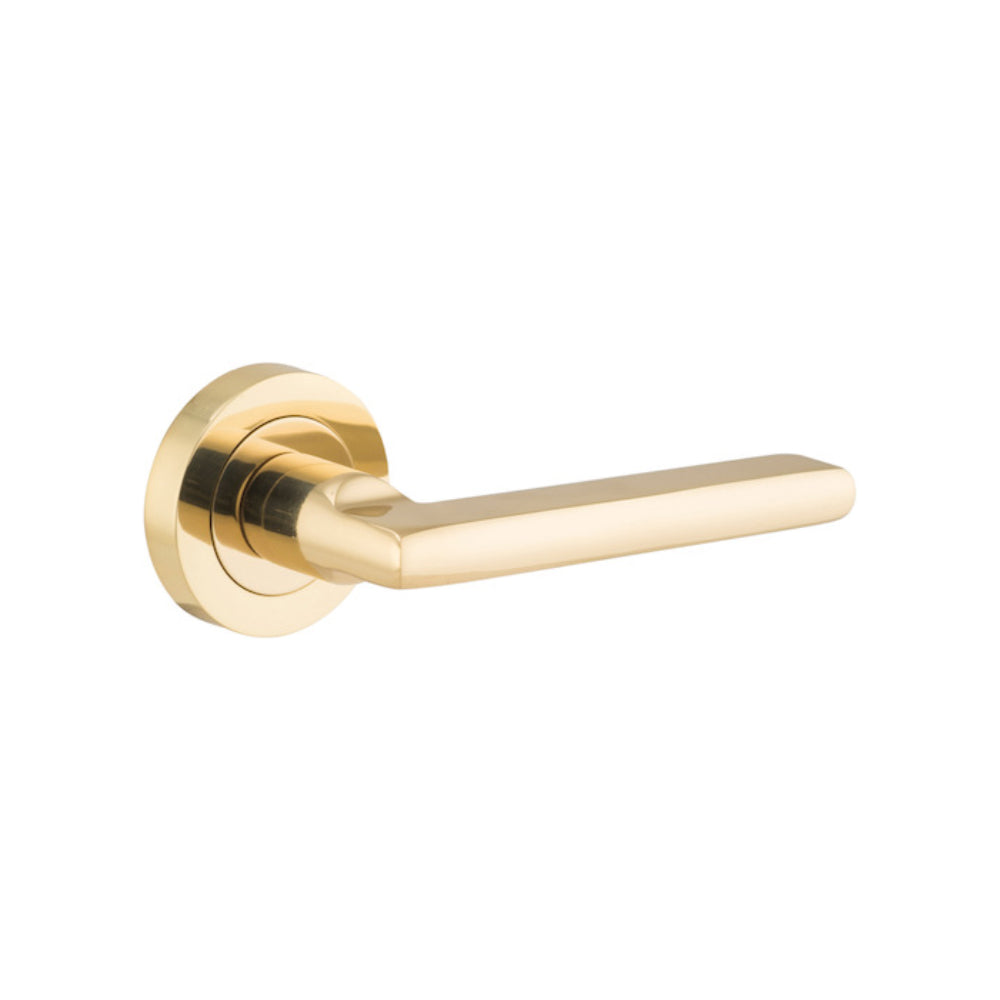 Door Lever Baltimore Round Rose Pair Polished Brass D52xP58mm Passage Kit, Tube Latch Split Cam 'T' Striker Polished Brass Backset 60mm in Polished Brass