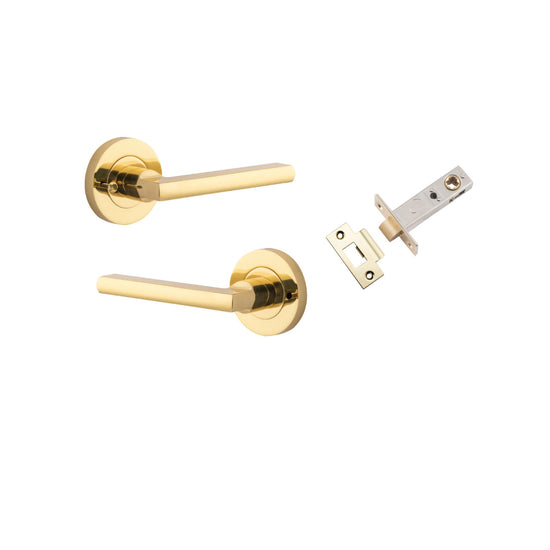 Door Lever Baltimore Round Rose Inbuilt Privacy Pair Polished Brass D58xP58mm with Tube Latch Privacy with Faceplate & T Striker Backset 60mm in Polished Brass