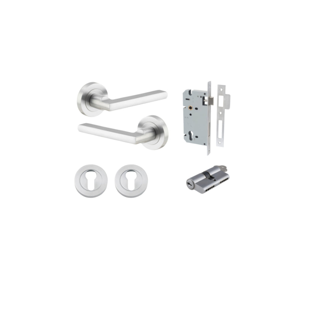 Door Lever Baltimore Round Rose Pair Brushed Chrome D52xP58mm Entrance Kit, Mortice Lock Euro Brushed Chrome CTC85mm Backset 60mm, Euro Cylinder Dual Function 5 Pin Brushed Chrome L65mm KA1, Escutcheon Euro Concealed Fix Round Pair Brushed Chrome … in Bru