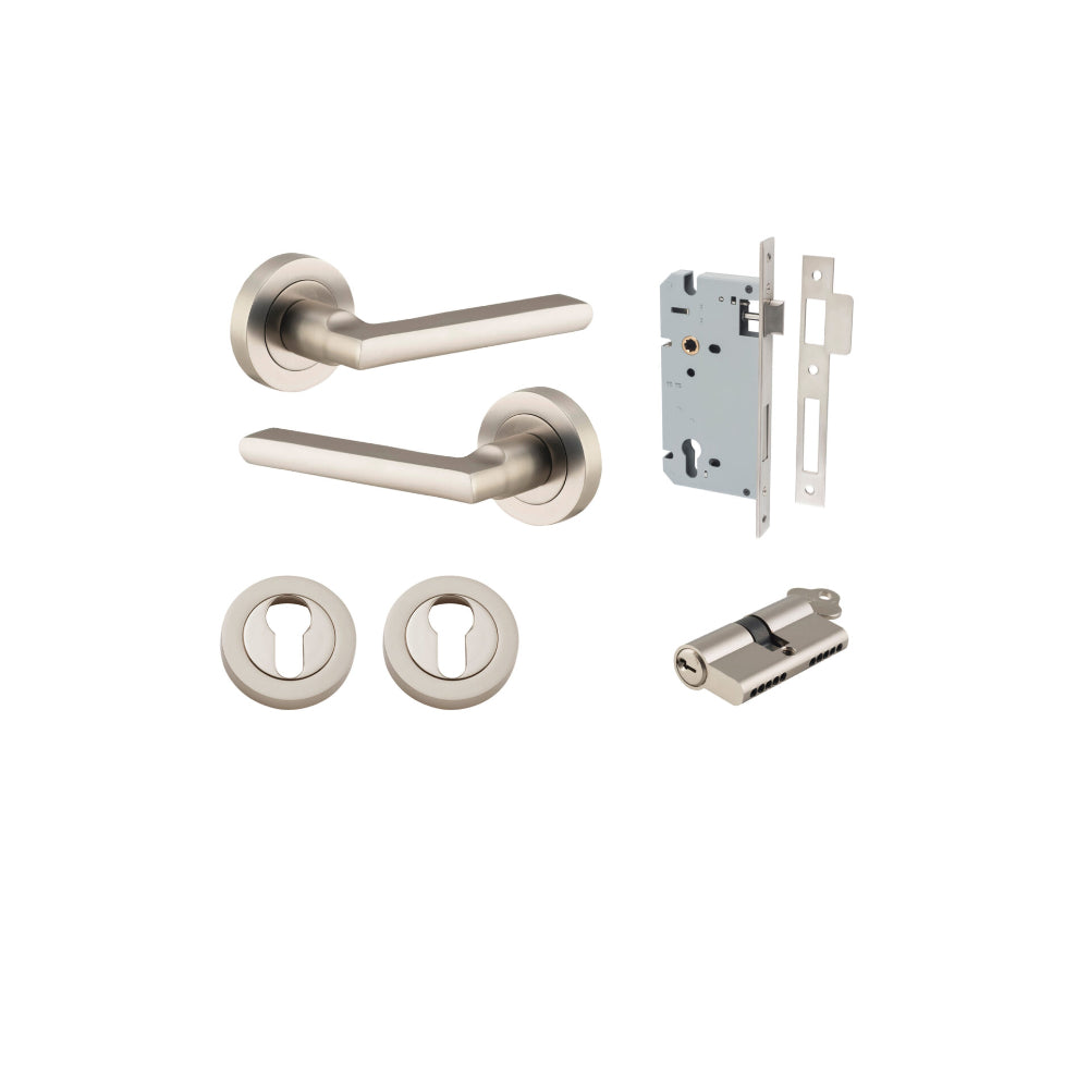 Door Lever Baltimore Round Rose Pair Satin Nickel D52xP58mm Entrance Kit, Mortice Lock Euro Satin Nickel CTC85mm Backset 60mm, Euro Cylinder Dual Function 5 Pin Satin Nickel L65mm KA1, Escutcheon Euro Concealed Fix Round Pair Satin Nickel D52xP10mm in Sat