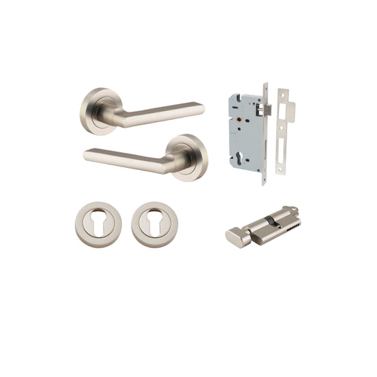 Door Lever Baltimore Round Rose Pair Satin Nickel D52xP58mm Entrance Kit, Mortice Lock Euro Satin Nickel CTC85mm Backset 60mm, Euro Cylinder Key Thumb 6 Pin Satin Nickel L70mm KA1, Escutcheon Euro Concealed Fix Round Pair Satin Nickel D52xP10mm in Satin N