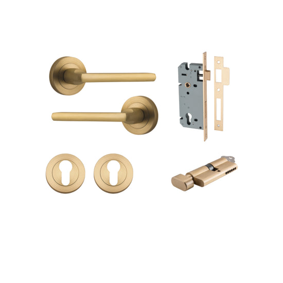 Door Lever Baltimore Round Rose Pair Brushed Brass D52xP58mm Entrance Kit, Mortice Lock Euro Brushed Brass CTC85mm Backset 60mm, Euro Cylinder Key Thumb 6 Pin Brushed Brass L70mm  

 KA1, Escutcheon Euro Concealed Fix Round Pair Brushed Brass D52xP… in Br