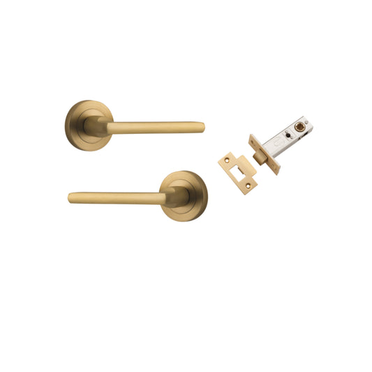 Door Lever Baltimore Round Rose Pair Brushed Brass D52xP58mm Passage Kit, Tube Latch Split Cam 'T' Striker Brushed Brass Backset 60mm in Brushed Brass