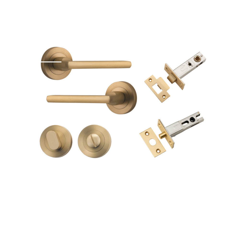 Door Lever Baltimore Round Rose Pair Brushed Brass D52xP58mm Privacy Kit, Tube Latch Split Cam 'T' Striker Brushed Brass Backset 60mm, Privacy Bolt Round Bolt Brushed Brass Backset 60mm, Privacy Turn Oval Concealed Fix Round Brushed Brass D52xP23mm in Bru