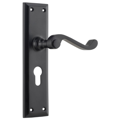 Door Lever Milton Euro Pair Matt Black H200xW50xP68mm in Matt Black