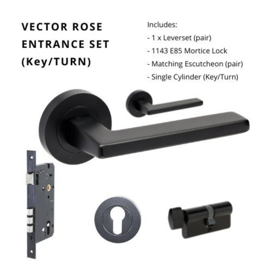 Vector Rose Entrance Set, Includes 7106, 1143, 7020 & 1148 (70mm Key/Turn) in Black