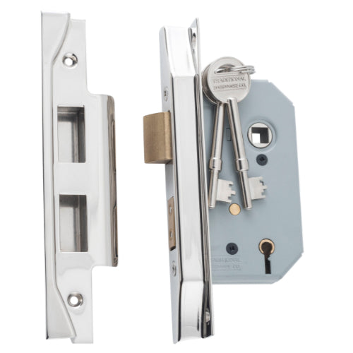 Mortice Lock 5 Lever Rebated Polished Nickel CTC57mm Backset 46mm in Polished Nickel