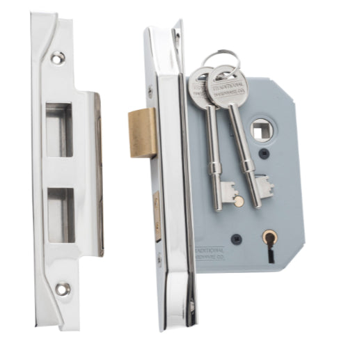 Mortice Lock 5 Lever Rebated Polished Nickel CTC57mm Backset 57mm in Polished Nickel