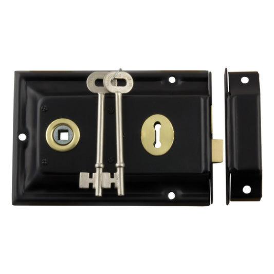 Rim Lock Brass Trim Matt Black H105xW155mm Backset 112mm in Matt Black / Polished Brass