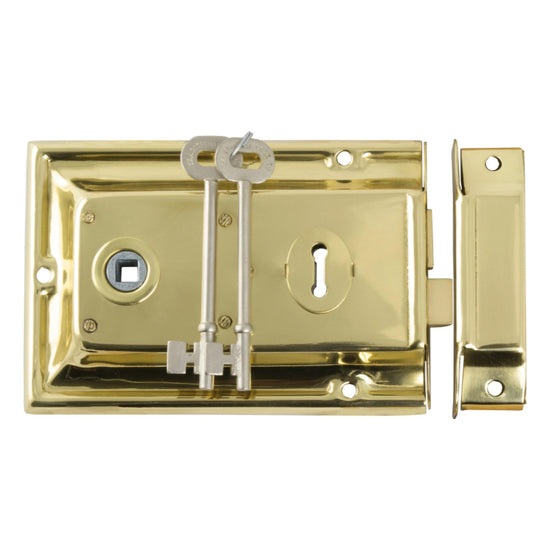 Rim Lock Polished Brass H105xW155mm Backset 112mm in Polished Brass