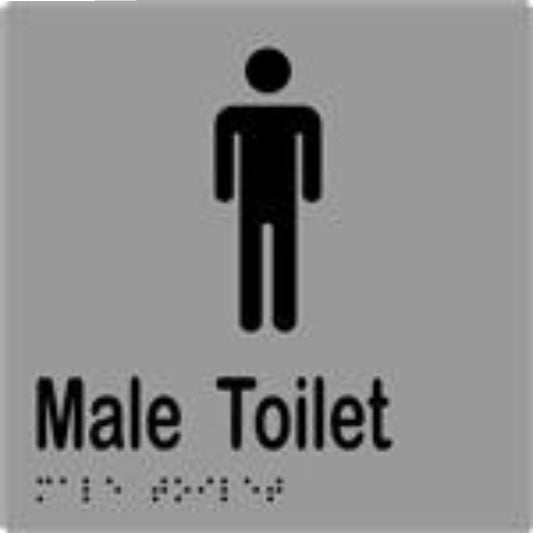 Male Toilet Sign with Braille, Laminated Vinyl 150x150 Silver Over Black in Silver