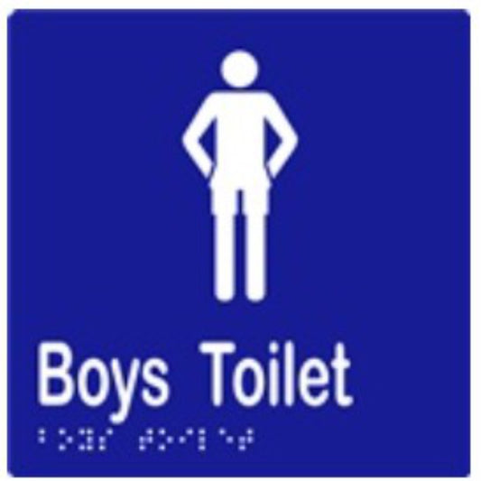 Boys Toilet Sign with Braille, Laminated Vinyl 150x150 Blue Over White in Blue