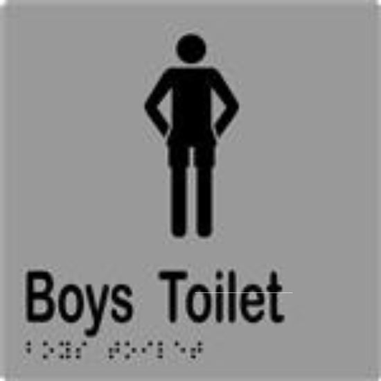 Boys Toilet Sign with Braille, Laminated Vinyl 150x150 Silver Over Black in Silver