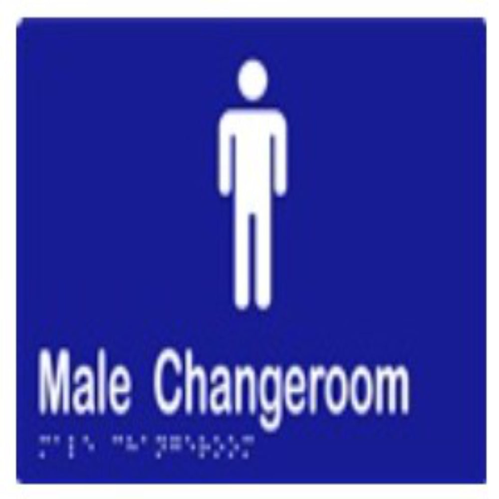 Male Changeroom Sign with Braille, Laminated Vinyl 210x150 Blue Over White in Blue