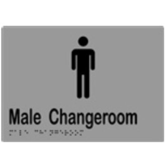 Male Changeroom Sign with Braille, Laminated Vinyl 210x150 Silver Over Black in Silver